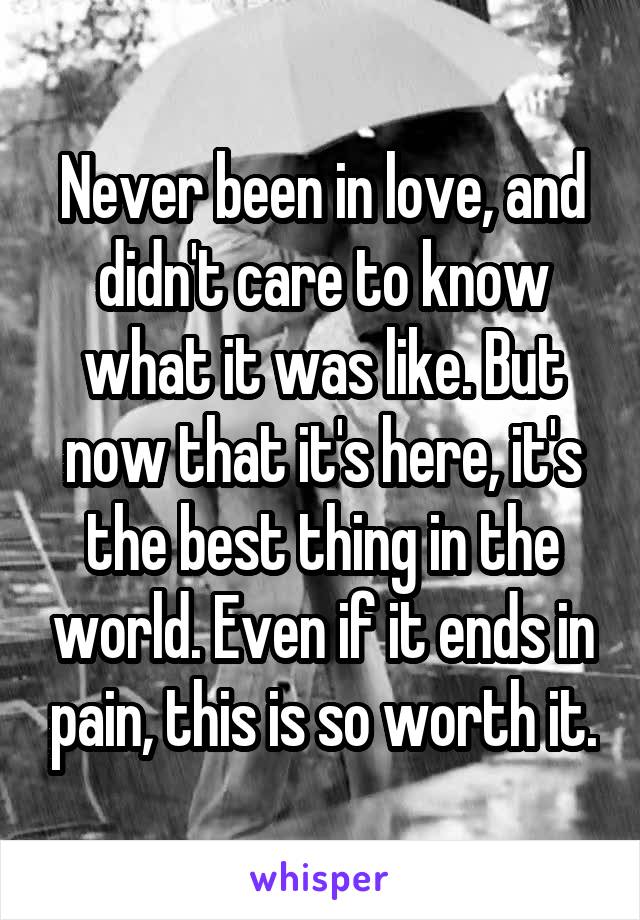 Never been in love, and didn't care to know what it was like. But now that it's here, it's the best thing in the world. Even if it ends in pain, this is so worth it.