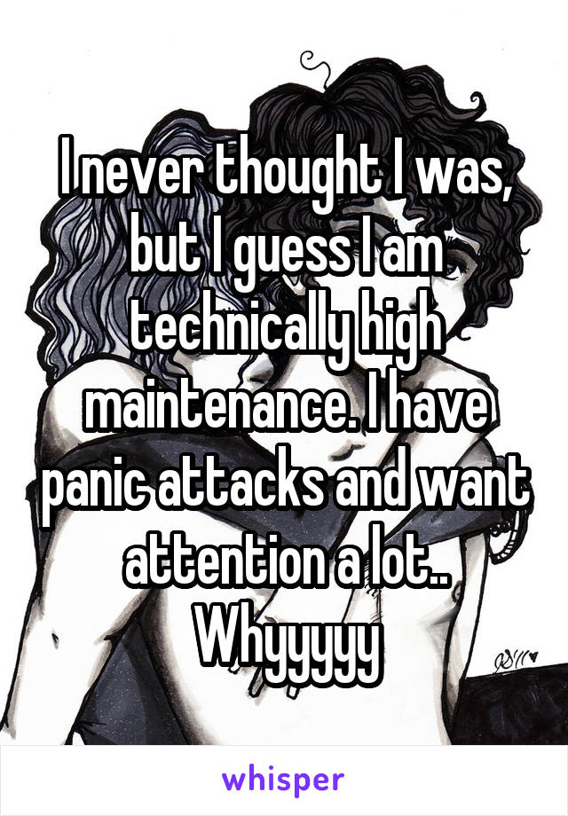 I never thought I was, but I guess I am technically high maintenance. I have panic attacks and want attention a lot.. Whyyyyy