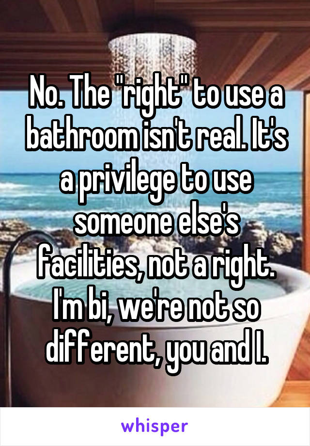 No. The "right" to use a bathroom isn't real. It's a privilege to use someone else's facilities, not a right. I'm bi, we're not so different, you and I.