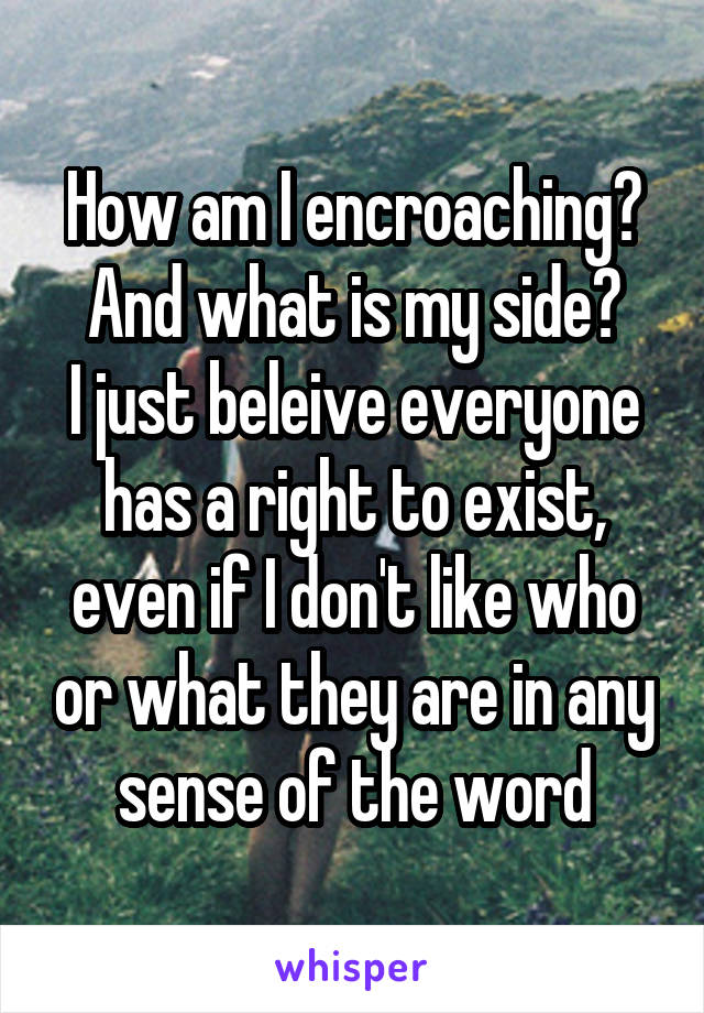 How am I encroaching? And what is my side?
I just beleive everyone has a right to exist, even if I don't like who or what they are in any sense of the word