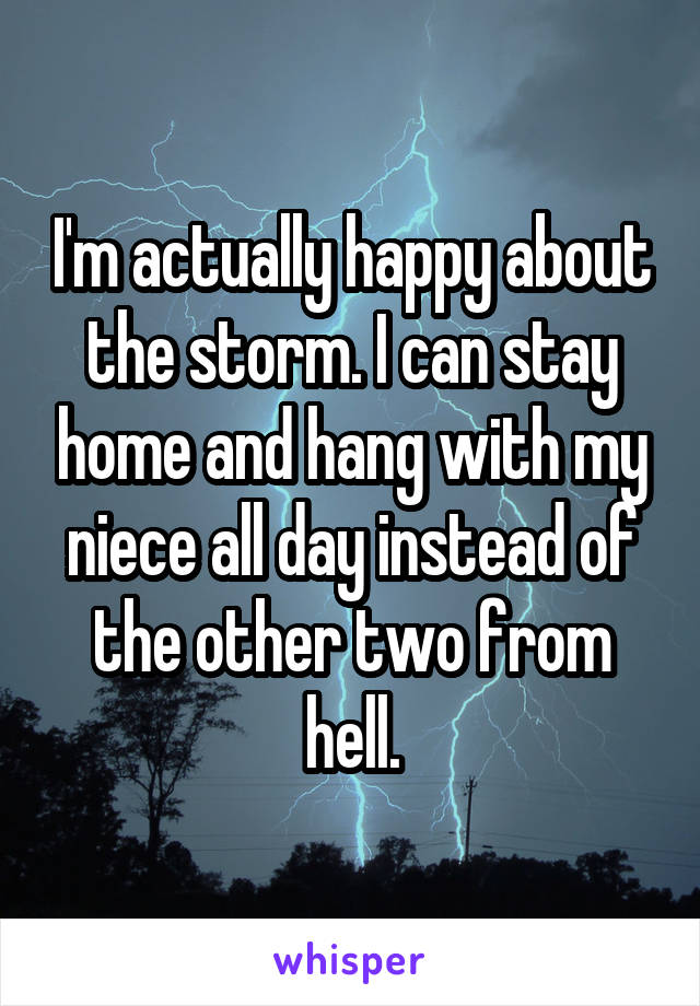 I'm actually happy about the storm. I can stay home and hang with my niece all day instead of the other two from hell.