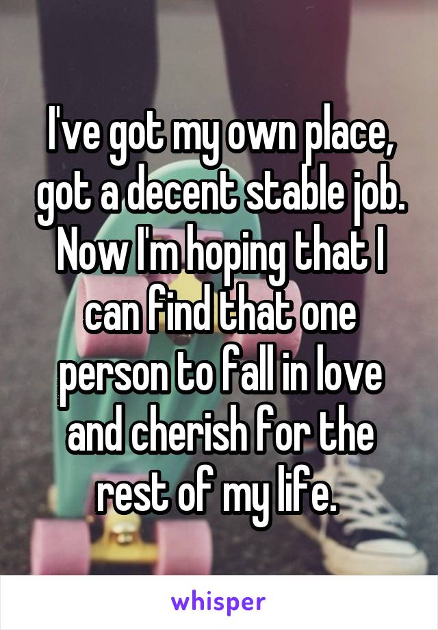 I've got my own place, got a decent stable job. Now I'm hoping that I can find that one person to fall in love and cherish for the rest of my life. 