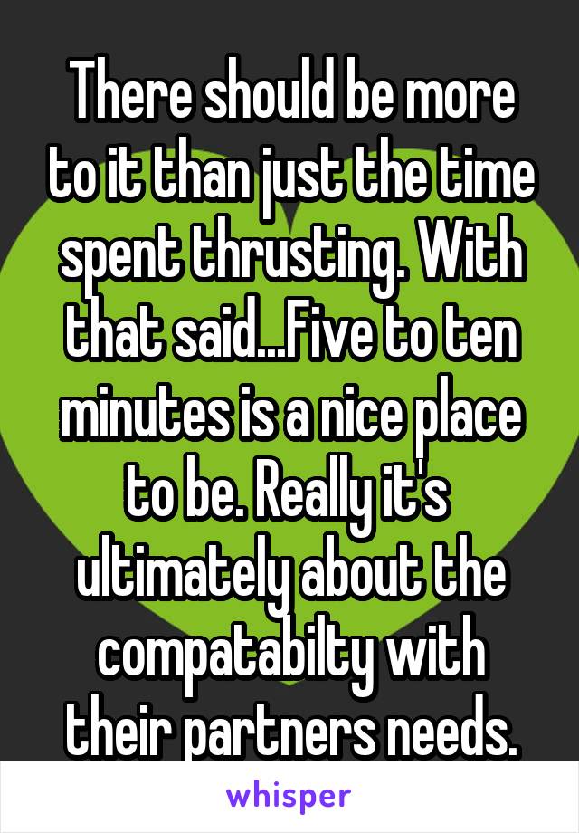 There should be more to it than just the time spent thrusting. With that said...Five to ten minutes is a nice place to be. Really it's  ultimately about the compatabilty with their partners needs.