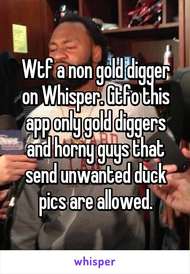 Wtf a non gold digger on Whisper. Gtfo this app only gold diggers and horny guys that send unwanted duck pics are allowed.