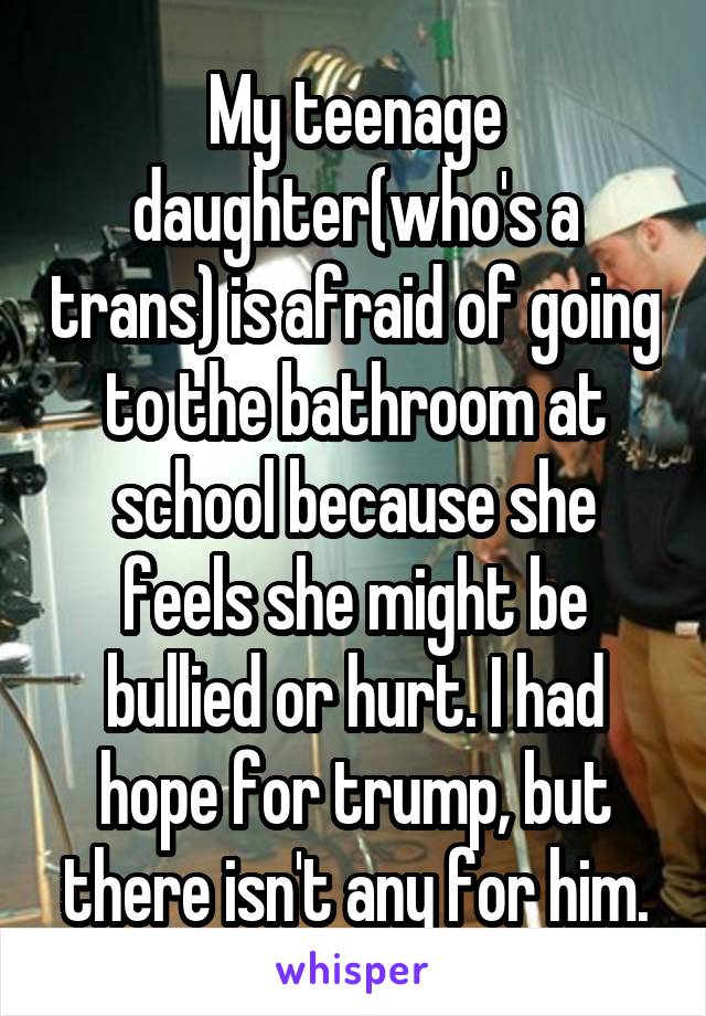 My teenage daughter(who's a trans) is afraid of going to the bathroom at school because she feels she might be bullied or hurt. I had hope for trump, but there isn't any for him.