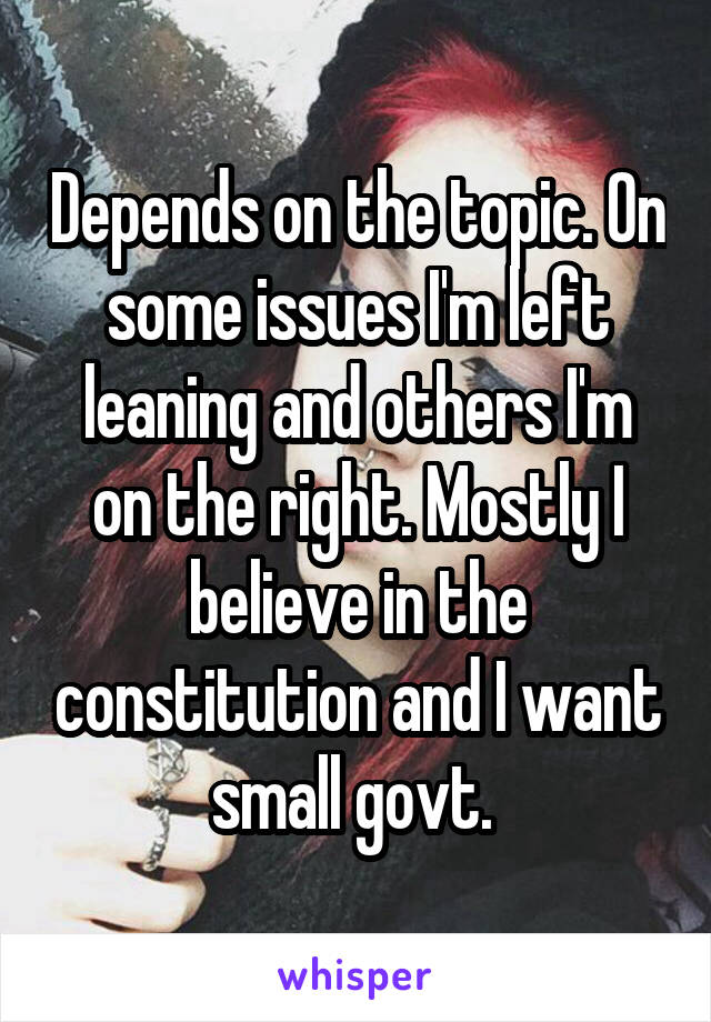 Depends on the topic. On some issues I'm left leaning and others I'm on the right. Mostly I believe in the constitution and I want small govt. 