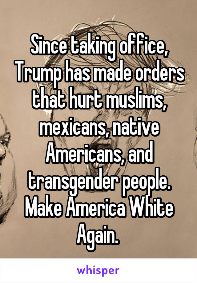 Since taking office, Trump has made orders that hurt muslims, mexicans, native Americans, and transgender people. Make America White Again. 