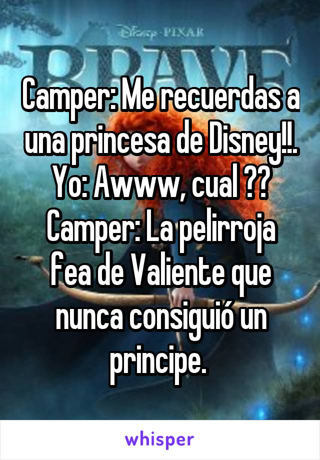 Camper: Me recuerdas a una princesa de Disney!!.
Yo: Awww, cual ??
Camper: La pelirroja fea de Valiente que nunca consiguió un principe. 