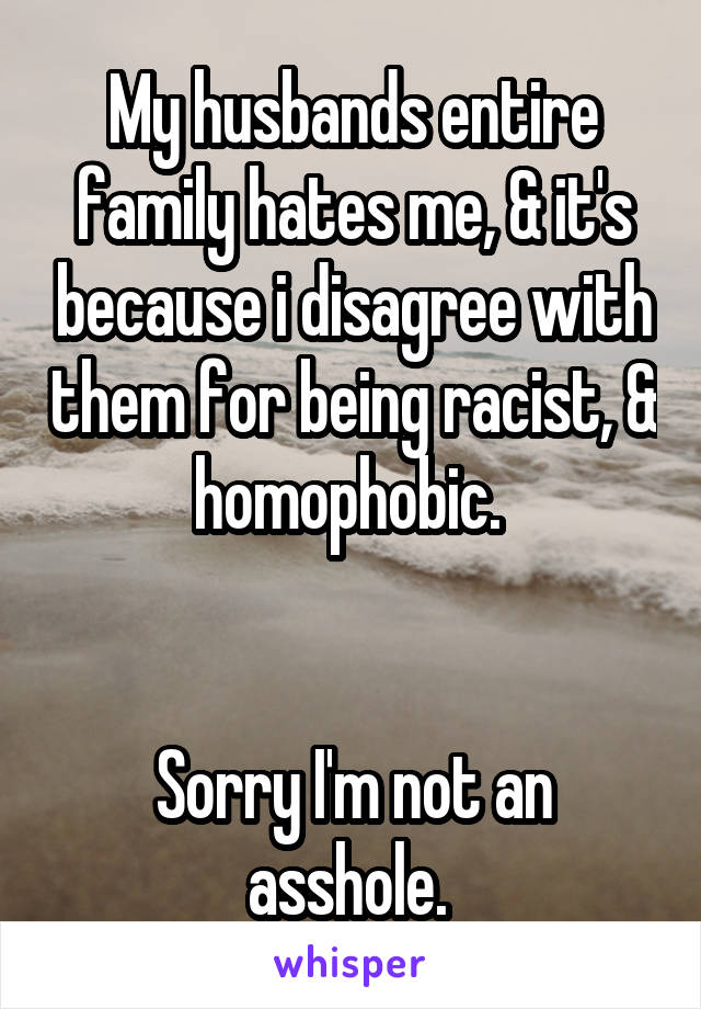 My husbands entire family hates me, & it's because i disagree with them for being racist, & homophobic. 


Sorry I'm not an asshole. 