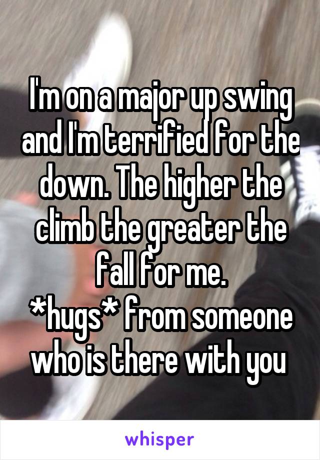 I'm on a major up swing and I'm terrified for the down. The higher the climb the greater the fall for me.
*hugs* from someone who is there with you 