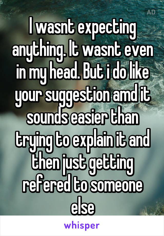 I wasnt expecting anything. It wasnt even in my head. But i do like your suggestion amd it sounds easier than trying to explain it and then just getting refered to someone else