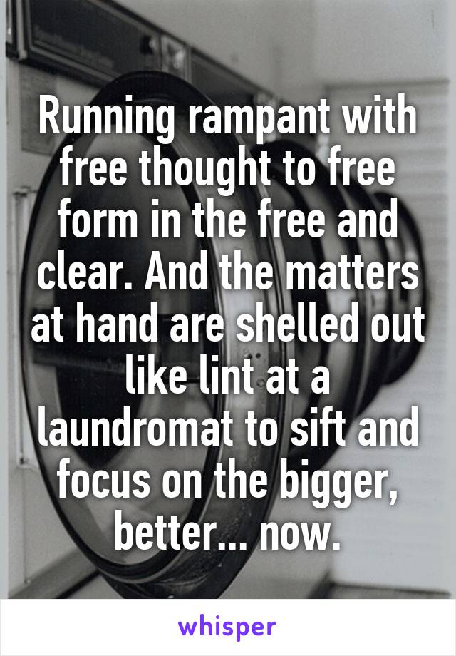 Running rampant with free thought to free form in the free and clear. And the matters at hand are shelled out like lint at a laundromat to sift and focus on the bigger, better... now.