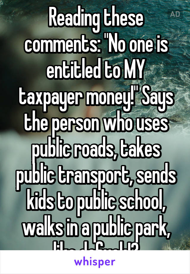 Reading these comments: "No one is entitled to MY taxpayer money!" Says the person who uses public roads, takes public transport, sends kids to public school, walks in a public park, like dafuck!?