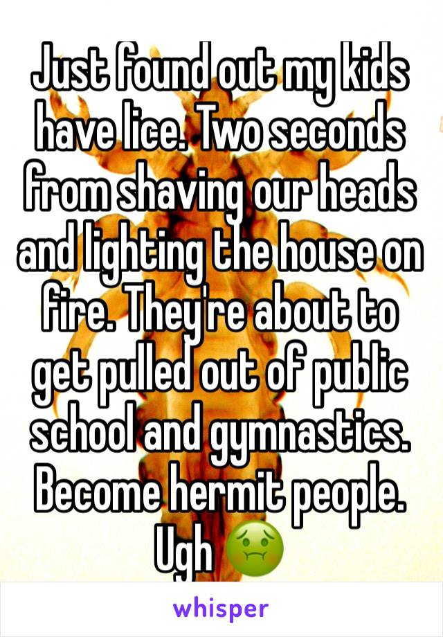 Just found out my kids have lice. Two seconds from shaving our heads and lighting the house on fire. They're about to get pulled out of public school and gymnastics. Become hermit people. Ugh 🤢