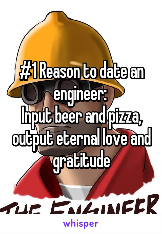 #1 Reason to date an engineer: 
Input beer and pizza, output eternal love and gratitude