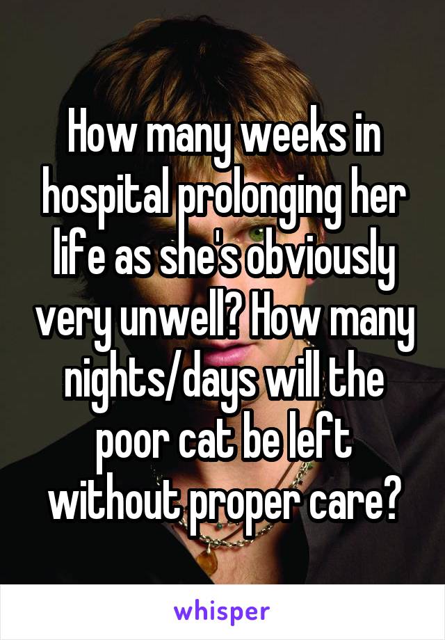 How many weeks in hospital prolonging her life as she's obviously very unwell? How many nights/days will the poor cat be left without proper care?