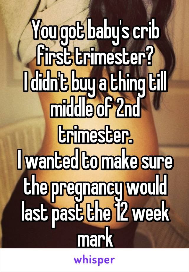 You got baby's crib first trimester?
I didn't buy a thing till middle of 2nd trimester.
I wanted to make sure the pregnancy would last past the 12 week mark