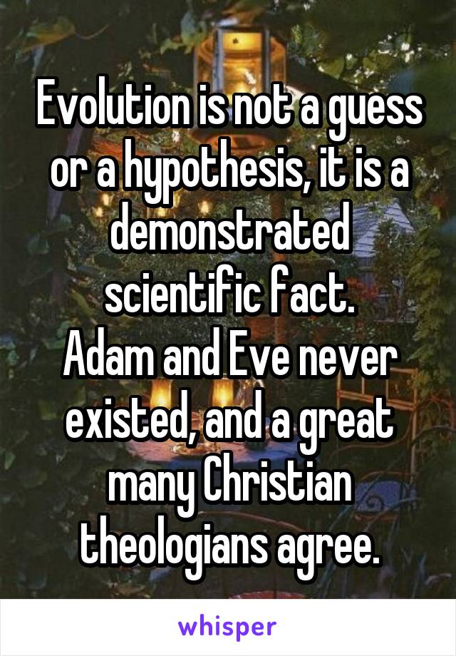 Evolution is not a guess or a hypothesis, it is a demonstrated scientific fact.
Adam and Eve never existed, and a great many Christian theologians agree.