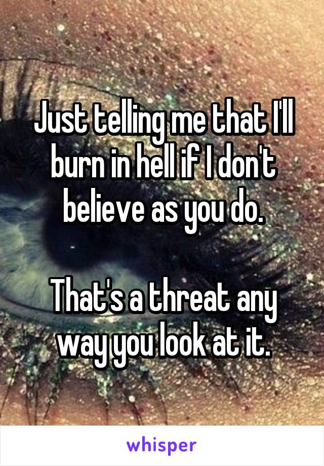 Just telling me that I'll burn in hell if I don't believe as you do.

That's a threat any way you look at it.