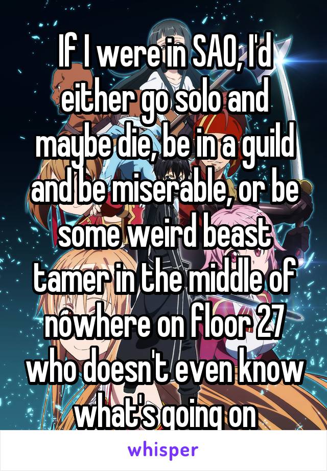If I were in SAO, I'd either go solo and maybe die, be in a guild and be miserable, or be some weird beast tamer in the middle of nowhere on floor 27 who doesn't even know what's going on