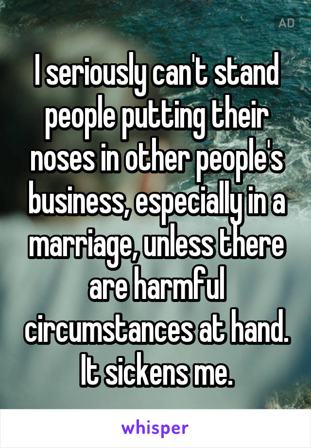 I seriously can't stand people putting their noses in other people's business, especially in a marriage, unless there are harmful circumstances at hand. It sickens me.