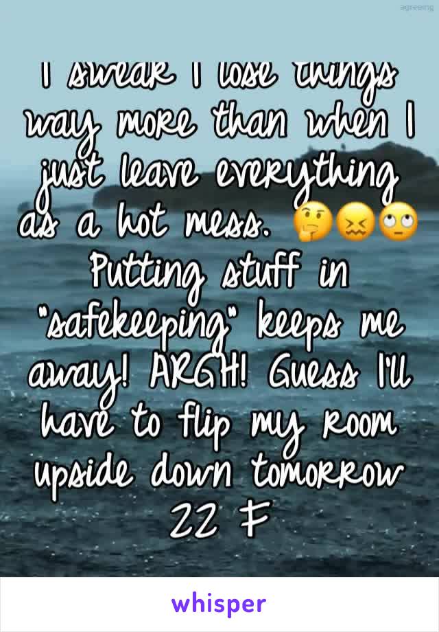 I swear I lose things way more than when I just leave everything as a hot mess. 🤔😖🙄
Putting stuff in "safekeeping" keeps me away! ARGH! Guess I'll have to flip my room upside down tomorrow
22 F