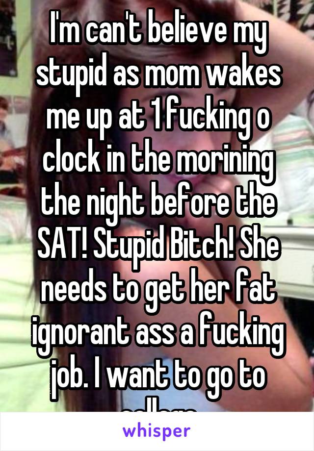 I'm can't believe my stupid as mom wakes me up at 1 fucking o clock in the morining the night before the SAT! Stupid Bitch! She needs to get her fat ignorant ass a fucking job. I want to go to college