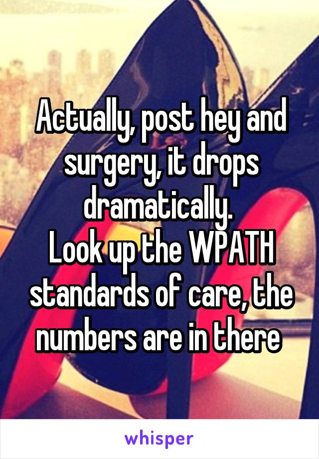 Actually, post hey and surgery, it drops dramatically. 
Look up the WPATH standards of care, the numbers are in there 