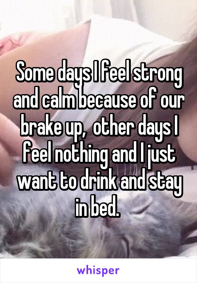 Some days I feel strong and calm because of our brake up,  other days I feel nothing and I just want to drink and stay in bed. 