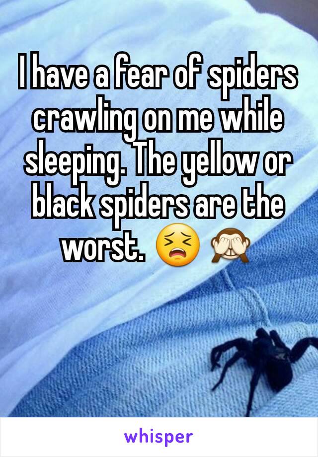 I have a fear of spiders  crawling on me while sleeping. The yellow or black spiders are the worst. 😣🙈