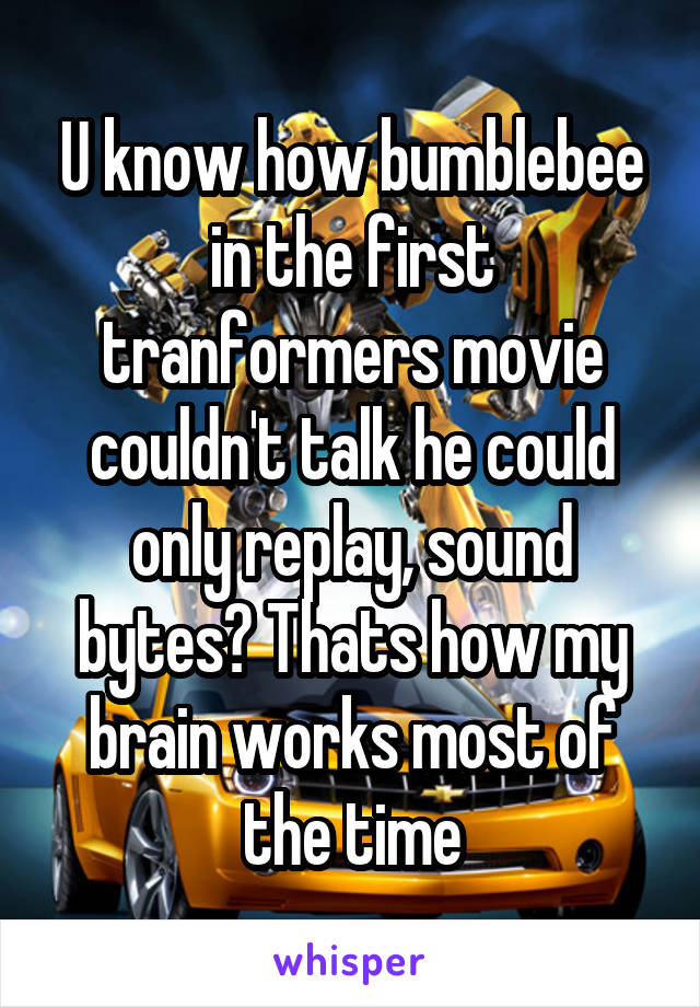 U know how bumblebee in the first tranformers movie couldn't talk he could only replay, sound bytes? Thats how my brain works most of the time