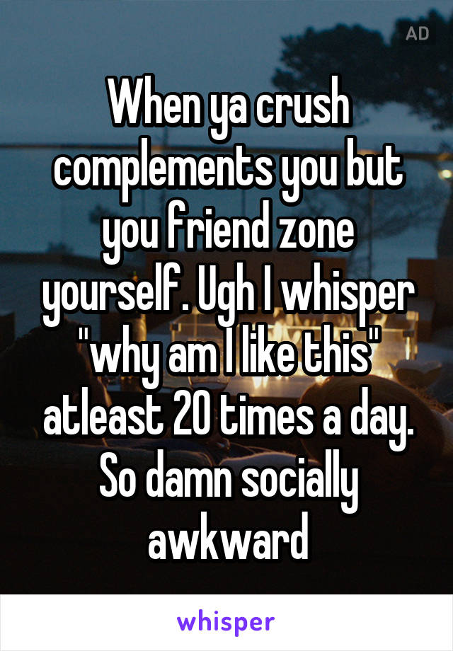 When ya crush complements you but you friend zone yourself. Ugh I whisper "why am I like this" atleast 20 times a day. So damn socially awkward