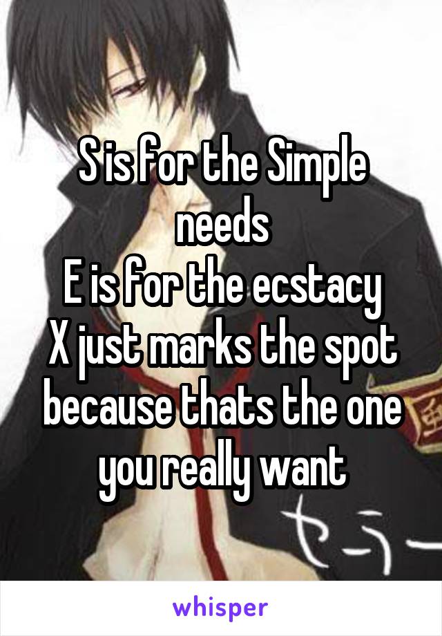 S is for the Simple needs
E is for the ecstacy
X just marks the spot because thats the one you really want