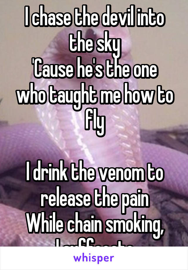 I chase the devil into the sky
'Cause he's the one who taught me how to fly

I drink the venom to release the pain
While chain smoking,
I suffocate