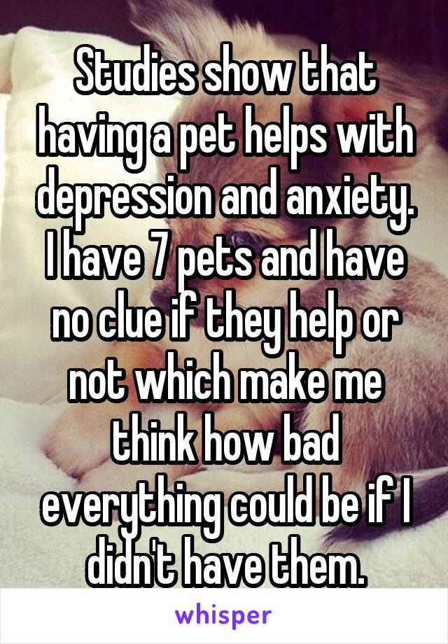 Studies show that having a pet helps with depression and anxiety. I have 7 pets and have no clue if they help or not which make me think how bad everything could be if I didn't have them.