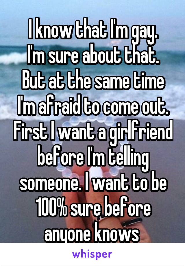 I know that I'm gay.
I'm sure about that.
But at the same time I'm afraid to come out. First I want a girlfriend before I'm telling someone. I want to be 100% sure before anyone knows 