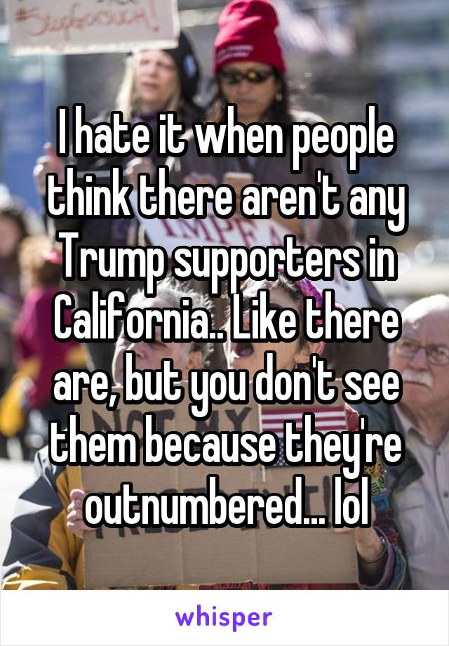 I hate it when people think there aren't any Trump supporters in California.. Like there are, but you don't see them because they're outnumbered... lol