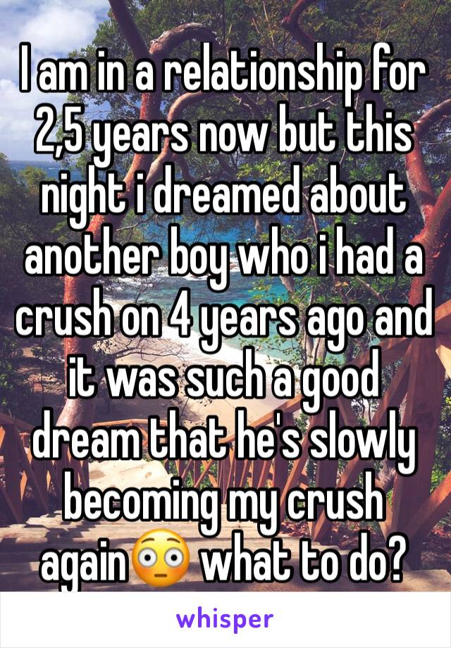 I am in a relationship for 2,5 years now but this night i dreamed about another boy who i had a crush on 4 years ago and it was such a good dream that he's slowly becoming my crush again😳 what to do?