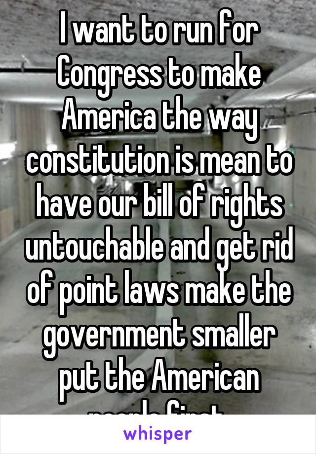 I want to run for Congress to make America the way constitution is mean to have our bill of rights untouchable and get rid of point laws make the government smaller put the American people first 