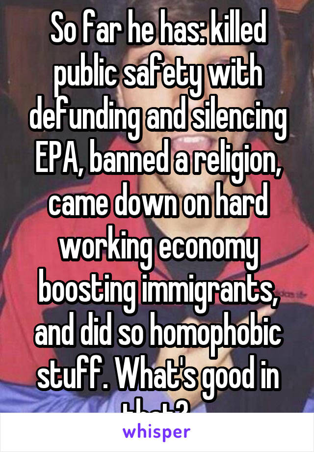 So far he has: killed public safety with defunding and silencing EPA, banned a religion, came down on hard working economy boosting immigrants, and did so homophobic stuff. What's good in that? 