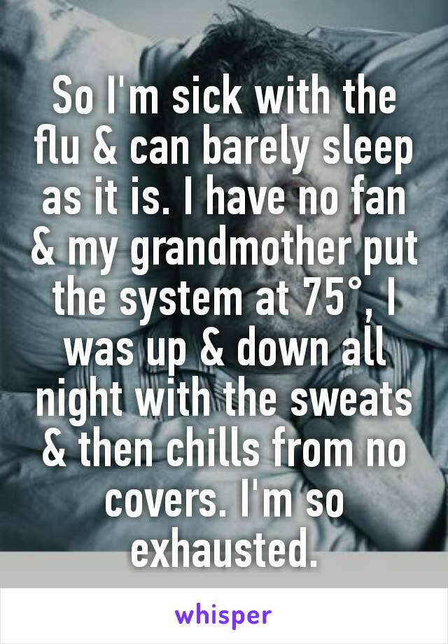 So I'm sick with the flu & can barely sleep as it is. I have no fan & my grandmother put the system at 75°, I was up & down all night with the sweats & then chills from no covers. I'm so exhausted.