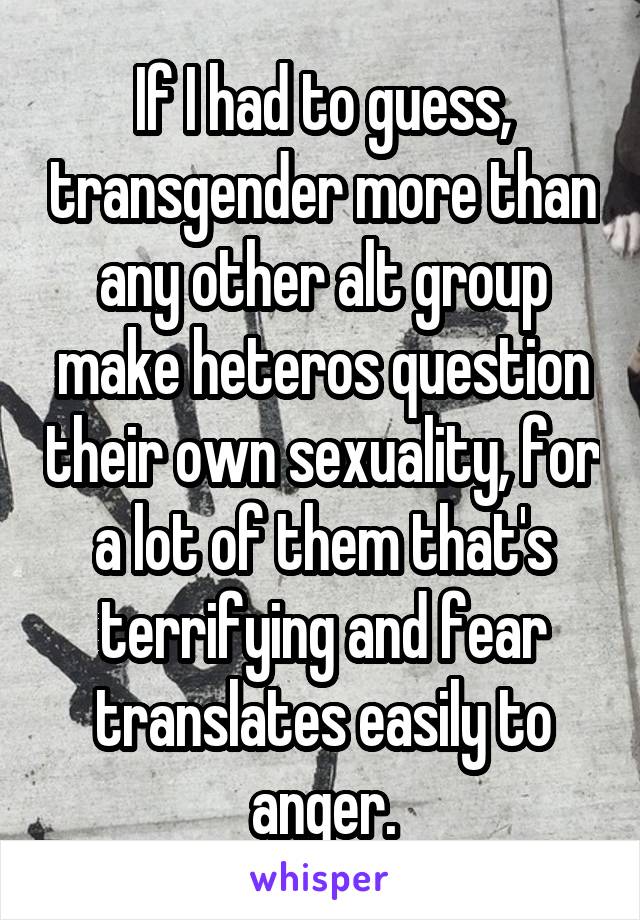 If I had to guess, transgender more than any other alt group make heteros question their own sexuality, for a lot of them that's terrifying and fear translates easily to anger.