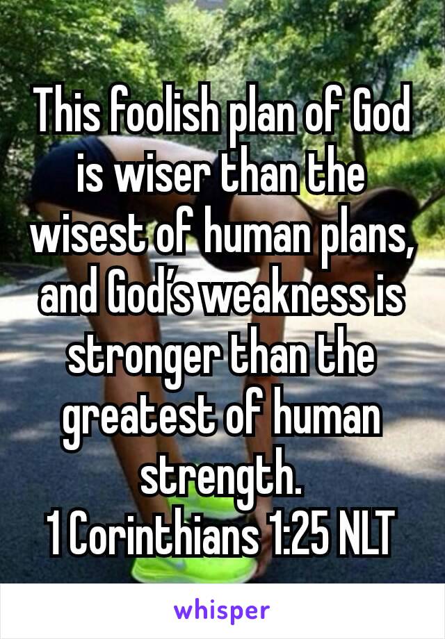 This foolish plan of God is wiser than the wisest of human plans, and God’s weakness is stronger than the greatest of human strength.
1 Corinthians 1:25 NLT