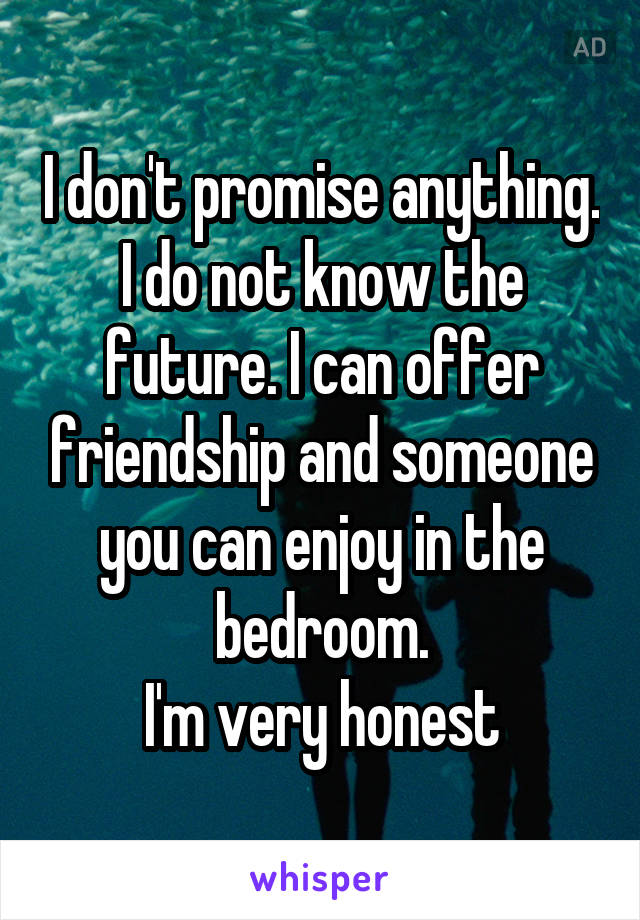 I don't promise anything. I do not know the future. I can offer friendship and someone you can enjoy in the bedroom.
I'm very honest