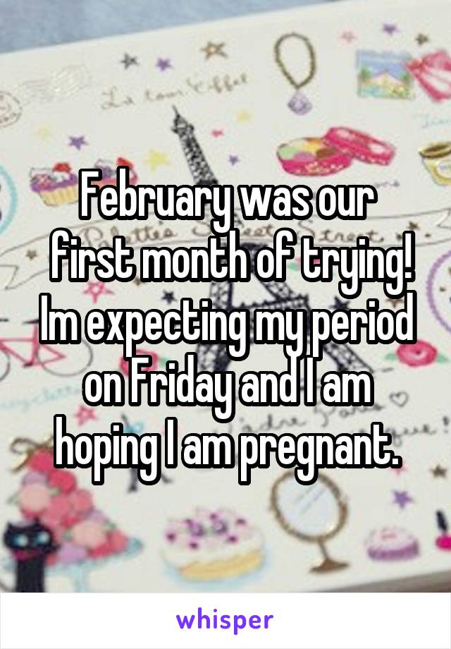 February was our
 first month of trying! Im expecting my period on Friday and I am hoping I am pregnant.