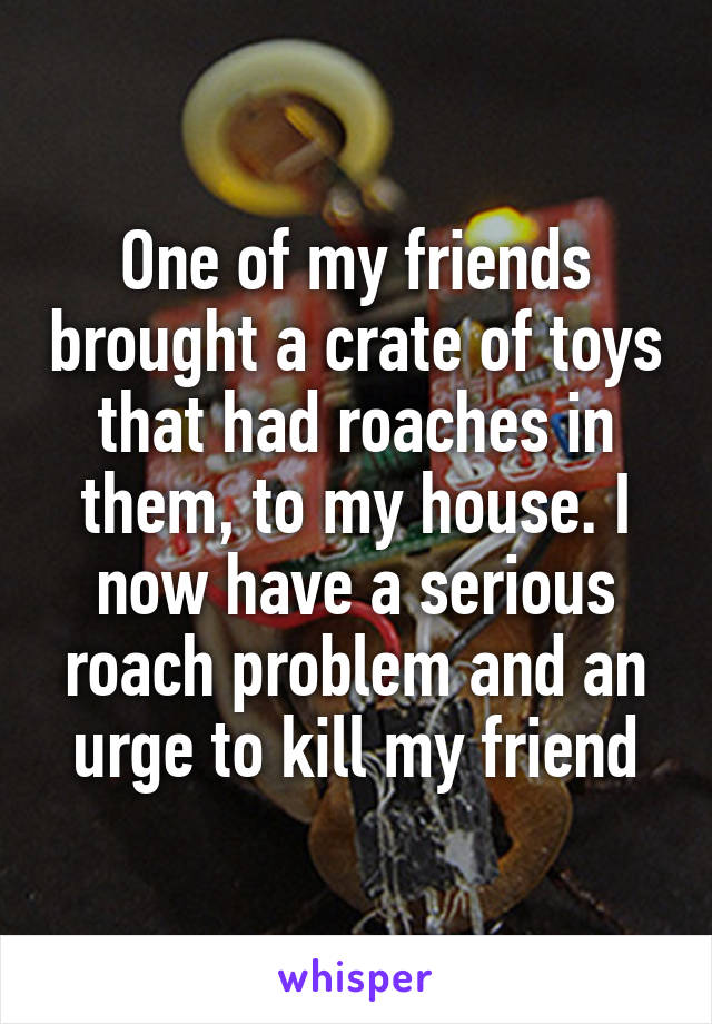 One of my friends brought a crate of toys that had roaches in them, to my house. I now have a serious roach problem and an urge to kill my friend