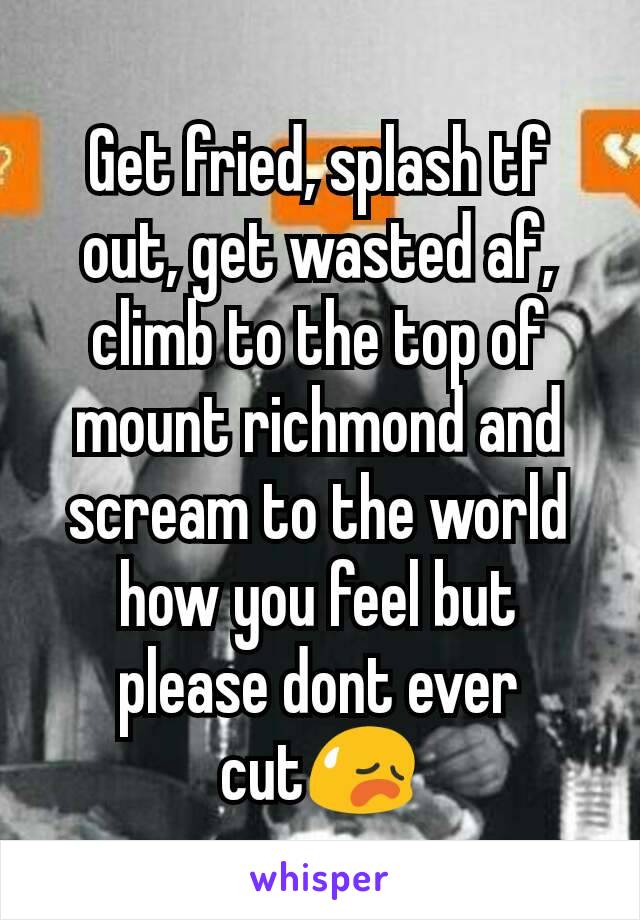 Get fried, splash tf out, get wasted af, climb to the top of mount richmond and scream to the world how you feel but please dont ever cut😥