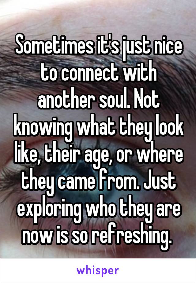 Sometimes it's just nice to connect with another soul. Not knowing what they look like, their age, or where they came from. Just exploring who they are now is so refreshing. 