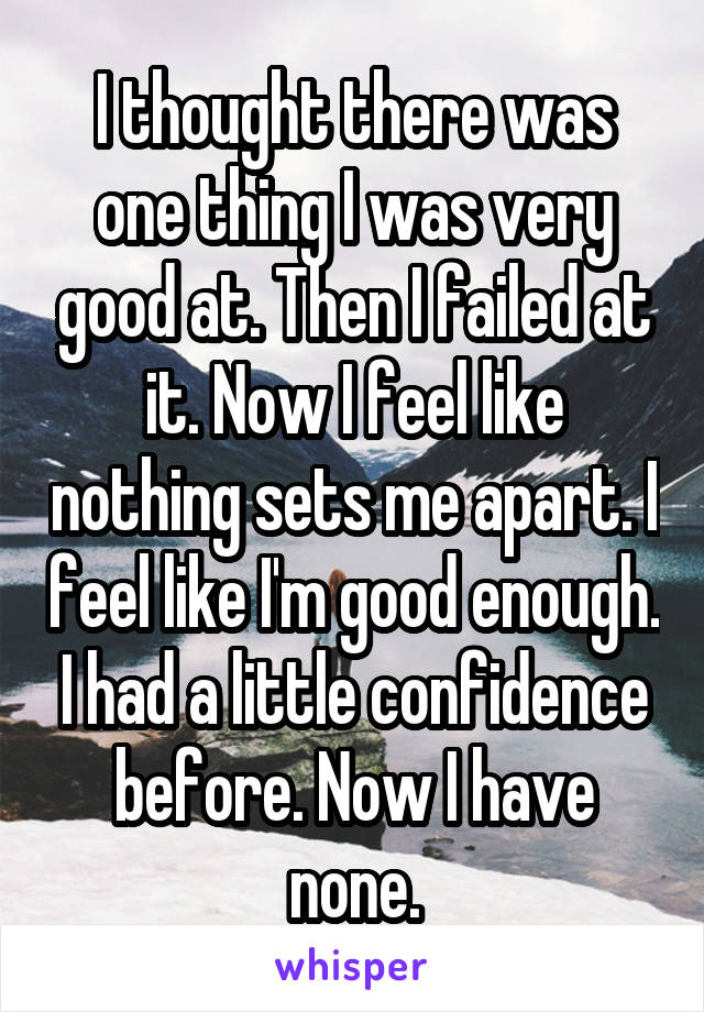 I thought there was one thing I was very good at. Then I failed at it. Now I feel like nothing sets me apart. I feel like I'm good enough. I had a little confidence before. Now I have none.