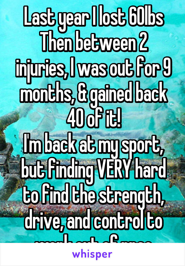 Last year I lost 60lbs
Then between 2 injuries, I was out for 9 months, & gained back 40 of it!
I'm back at my sport, but finding VERY hard to find the strength, drive, and control to work out of prac